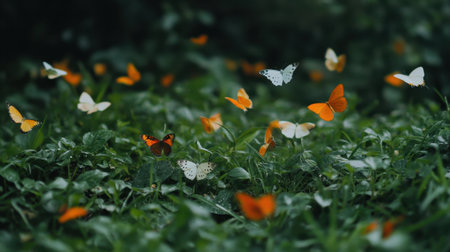 An enchanting scene showcasing a variety of colorful butterflies gracefully fluttering above lush green grass and leaves, embodying the beauty of nature and tranquility.の素材