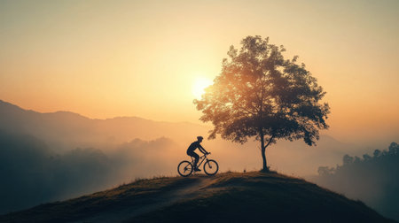Experience the serene beauty of a sunrise with a silhouette of a mountain biker beside a tree, creating a stunning backdrop for adventure and tranquility.の素材