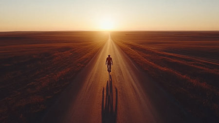 A solitary figure riding a bicycle along an expansive road at sunrise, casting long shadows on the pavement. The golden light enhances the serene landscape.の素材