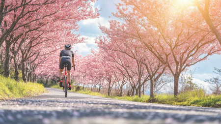A cyclist enjoys a tranquil ride along a picturesque pathway flanked by blooming cherry blossom trees. The scene captures the essence of spring and outdoor leisure.の素材
