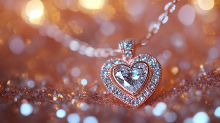 This stunning heart-shaped pendant necklace features a brilliant diamond surrounded by sparkling accents, beautifully contrasted against a glittery background.の素材