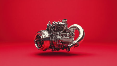 This stunning image showcases a modern engine with a chrome turbocharger, set against a vibrant red background, emphasizing its sleek design and engineering prowess.の素材