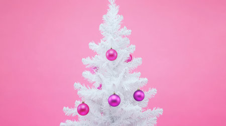 A stunning white Christmas tree adorned with vibrant pink and purple ornaments set against a bright pink background captures the essence of holiday cheer.の素材