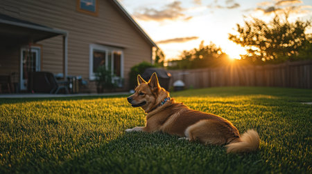 A serene scene featuring a dog lying relaxed on a lush green lawn as the sun sets in the background, creating a warm and inviting atmosphere.の素材