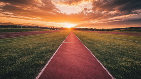 A stunning view of an empty athletic track stretching towards the horizon, bathed in golden sunset light, surrounded by lush green fields and dramatic clouds.の素材