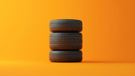 This image features three car tires stacked vertically against a bright orange background, highlighting the importance of vehicular safety and maintenance in automotive visuals.の素材