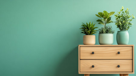 A modern minimalist living room setup featuring a wooden drawer chest with three stylish potted plants atop a vibrant teal wall. Ideal for home decor inspiration.の素材