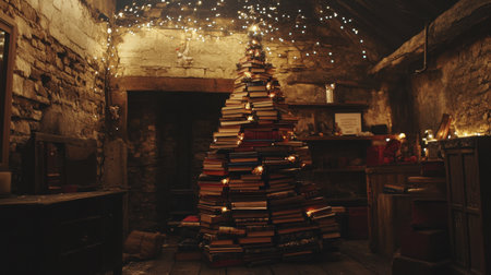 This unique and cozy interior features a book tree adorned with warm fairy lights, creating a charming reading nook that invites relaxation and creativity.の素材