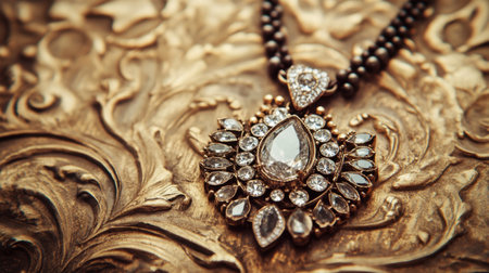 Close-up of an elegant vintage jewelry pendant adorned with sparkling gemstones, displayed on a richly detailed ornate golden background, showcasing luxury and craftsmanship.の素材