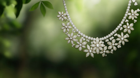 This exquisite floral diamond necklace, showcased elegantly on a soft green background, embodies luxury and style, perfect for any fashion collection.の素材