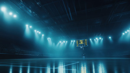 An empty basketball court illuminated by dramatic spotlights creates an atmospheric setting perfect for sports-themed projects, showcasing reflections and energy.の素材