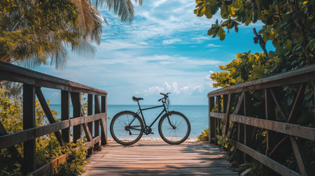 A beautiful scene featuring a bicycle on a wooden pathway leading to a serene ocean view. The lush greenery and blue sky create a perfect backdrop for outdoor adventures.の素材
