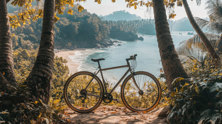 A picturesque view of a bicycle nestled between tropical trees, overlooking a serene beach and ocean, perfect for capturing the essence of outdoor adventure.の素材