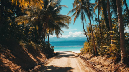 A picturesque view of a tranquil tropical road lined with graceful palm trees, leading towards stunning sandy beaches and clear blue waters.の素材