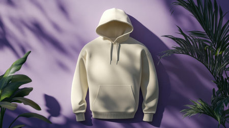 A cream-colored hoodie is displayed against a vibrant purple background, accentuated by green plant leaves, creating a stylish and trendy scene.の素材