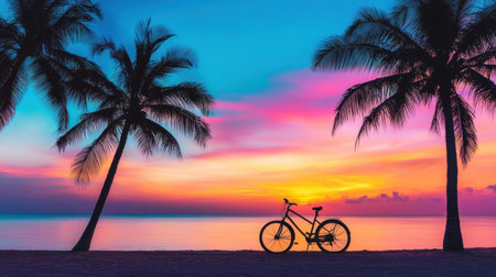 Experience the tranquility of a beach sunset featuring a bicycle silhouette framed by palm trees. The vibrant sky paints a perfect escape.の素材