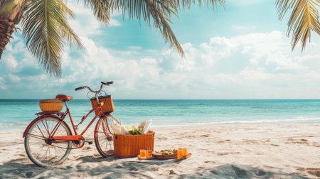 A nostalgic scene featuring a vintage bicycle parked on a sandy beach, surrounded by palm trees, offering a serene atmosphere perfect for relaxation and enjoyment.の素材