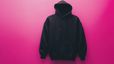 A stylish black hoodie displayed against a vivid pink background, perfect for showcasing modern fashion trends and urban apparel concepts.の素材