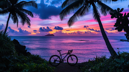 A stunning sunset paints the sky in vibrant hues over a tropical beach, featuring a bicycle silhouette beside palm trees, evoking tranquility and adventure.の素材