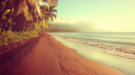 Experience the beauty of a tranquil tropical beach featuring golden sand, lush palm trees, and gentle ocean waves bathed in warm sunlight.の素材