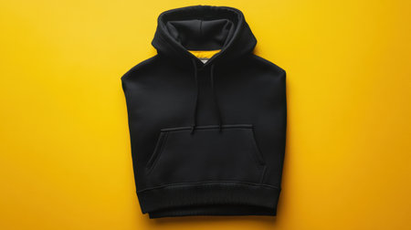 This image showcases a black hoodie laid flat on a bright yellow background, emphasizing its design and texture. Ideal for fashion advertising and clothing catalogs.の素材