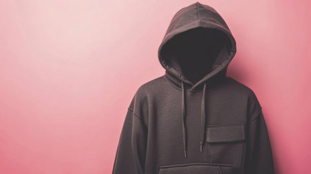 A stylish black hoodie with an empty hood stands against a soft pink background, creating a minimalist and modern aesthetic perfect for fashion concepts.の素材