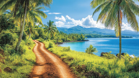 This idyllic tropical scene features a serene pathway winding through lush greenery alongside calm blue waters under a bright sky, inviting relaxation and adventure.の素材