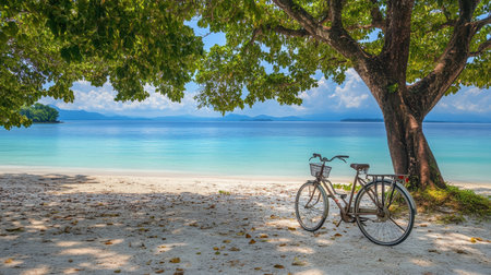 A serene beach scene featuring a vintage bicycle resting under a lush tropical tree. The clear blue ocean and peaceful sky enhance the tranquil atmosphere.の素材