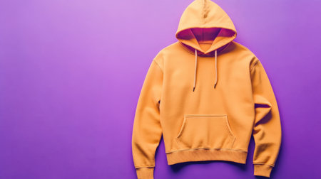 This image features a bright orange hoodie elegantly laid flat against a vibrant purple background, showcasing modern fashion aesthetics and casual wear trends.の素材
