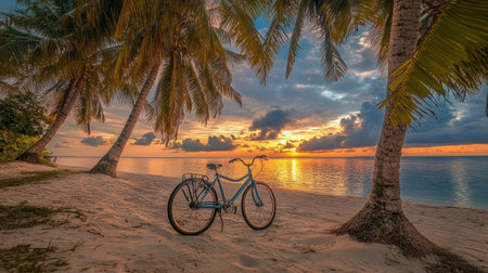 A picturesque scene featuring a blue bicycle on the sandy beach surrounded by swaying palm trees and a stunning sunset reflecting on calm waters.の素材