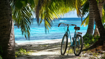 A beautiful turquoise bicycle rests on a sandy pathway framed by lush palm trees, leading to a stunning blue ocean, perfect for a summer getaway.の素材