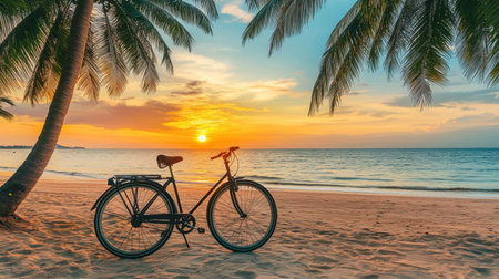 A tranquil beach scene featuring a bicycle resting on soft sand under swaying palm trees, with a stunning sunset painting the sky and ocean.の素材
