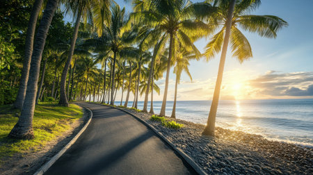 A picturesque coastal pathway lined with tall palm trees and bathed in the warm glow of a stunning sunset over the ocean, perfect for relaxation.の素材