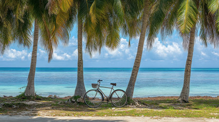 A serene coastal scene featuring a bicycle parked under tall palm trees, with a stunning view of the clear blue ocean and vibrant sky, perfect for relaxation and outdoor activities.の素材