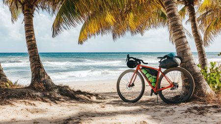 A bright bicycle rests against tropical palm trees on a sandy beach, capturing the essence of summer adventures by the ocean waves under a blue sky.の素材