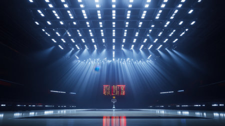 A captivating view of an empty basketball court, enhanced by bright ceiling lights and a visible scoreboard, creating an energetic atmosphere for sport events.の素材