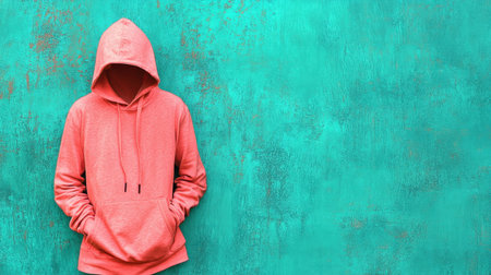 A solitary figure wearing a coral hoodie stands against a vibrant turquoise wall. The simple design and striking colors create a modern aesthetic, perfect for various creative projects.の素材