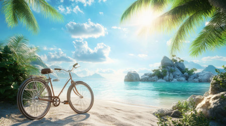 A serene beach scene featuring a classic bicycle beside soft sand, surrounded by lush palm trees and a sparkling ocean under a clear blue sky.の素材