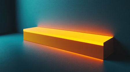 A striking yellow LED light strip rests on a minimalist teal wall, creating a modern and inviting atmosphere. This image showcases stylish interior design elements.の素材