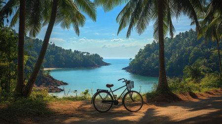 A peaceful coastal scene featuring a bicycle resting on a sandy path, framed by towering palm trees and a serene blue sea under a bright sky.の素材