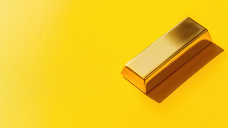 A shiny gold bar rests on a vibrant yellow background, symbolizing wealth and prosperity. Ideal for finance and investment themes, this image embodies luxury and success.の素材