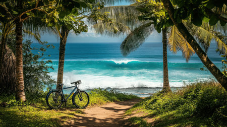 A beautiful coastal scene featuring a bicycle beside a sandy path leading to vibrant ocean waves and lush tropical palms under a clear sky.の素材