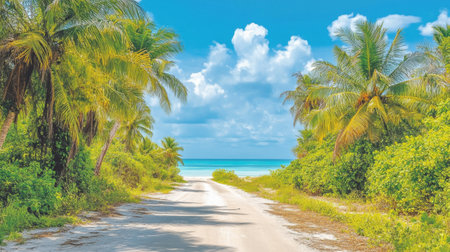 A captivating view of a tropical road surrounded by lush palm trees, leading to a stunning ocean vista. The bright blue sky and gentle clouds create a serene atmosphere ideal for vacationers seeking a peaceful escape in nature.の素材