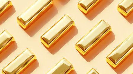 A visually striking arrangement of gold bars showcases luxury and wealth. This close-up image highlights the reflective texture and bright finish against a soft background, ideal for finance and investment themes.の素材