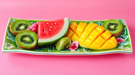 A colorful display of fresh tropical fruits including watermelon, mango, and kiwi on an elegant plate, set against a bright pink backdrop. Perfect for healthy eating and vibrant food presentations.の素材
