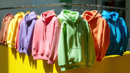A vibrant display of colorful hoodies hanging on a rack, beautifully illuminated by warm summer sunlight, creating a cheerful and inviting atmosphere.の素材