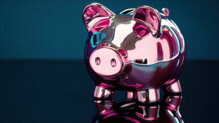 This image showcases a shiny metallic piggy bank reflecting on a dark surface, symbolizing financial savings and investment concepts in a modern way.の素材