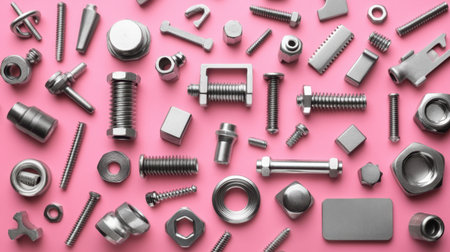This image showcases a diverse collection of metallic fasteners and hardware against a vivid pink background, ideal for industrial, craft, and design projects.の素材