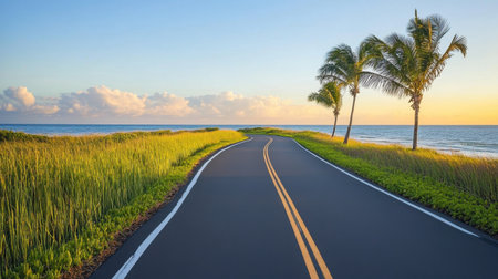 A tranquil coastal road winds through vibrant green grass and palm trees, overlooking the serene ocean at sunset, ideal for travel and relaxation.の素材