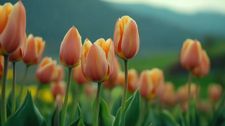 A stunning close-up of blooming peach tulips, showcasing their delicate petals and rich colors, set against a serene green landscape with distant mountains.の素材